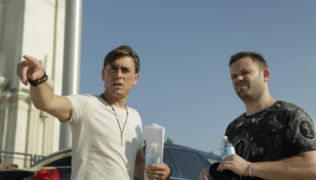 Mullinger and director Mark Murphy on set in Montreal