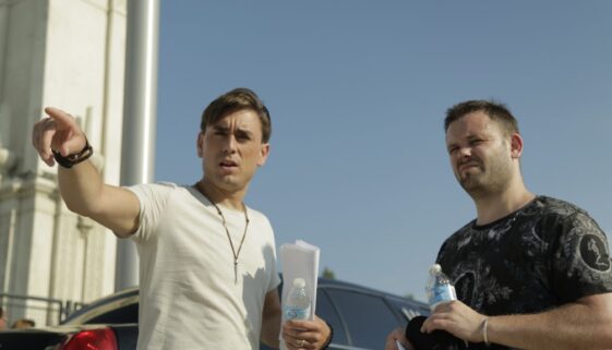 Mullinger and director Mark Murphy on set in Montreal