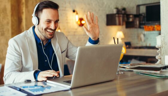 skype, video, interview Man have business meeting via video call in a cafe