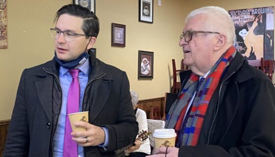 MP for Carleton, Pierre Poilievre, left, and MLA for Moncton South, Greg Turner at a Moncton coffee shop on Dec. 5. (Photo by Robert Lothian)
