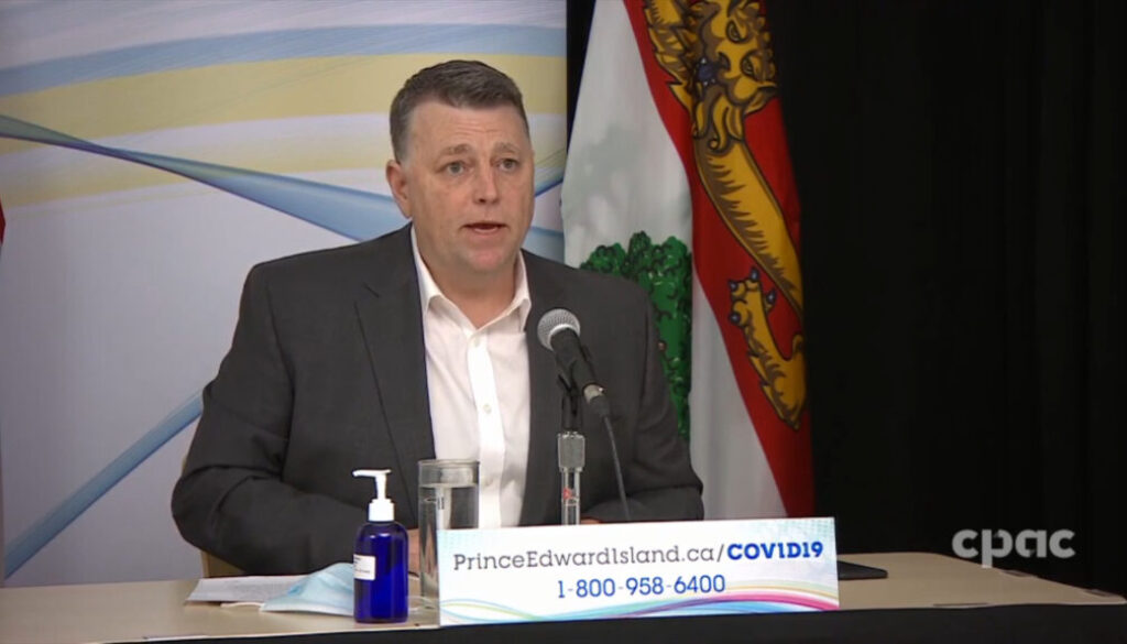 Dennis King, the premier of Prince Edward Island, speaks during a news conference on Feb. 8, 2022. (Image CPAC video capture)
