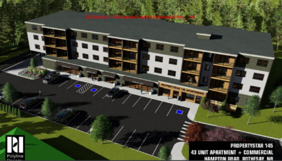 A rendering of a 43-unit apartment building with commercial space being proposed at 145 Hampton Road in Rothesay. (Image submitted)