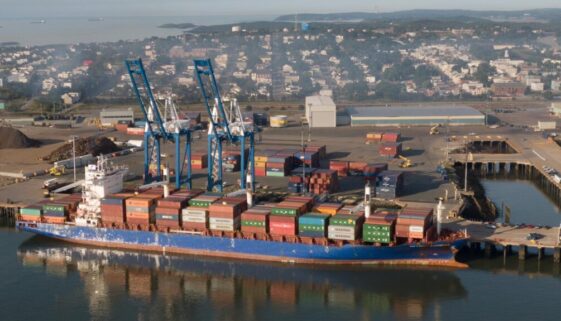 The Hapag-Lloyd vessel Detroit Express carrying international containers bound for locations across North America sits at Port Saint John. (Image Port Saint JohnTwitter)