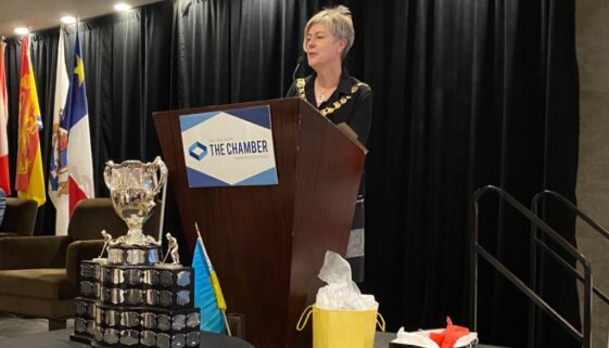 Saint John Mayor, Donna Reardon delivers the State of the City. (Photo from Tim Herd Acadia Broadcasting)