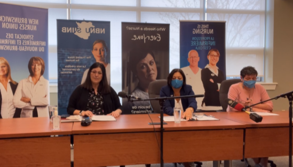 The New Brunswick Nurses Union addresses the media on May 16, 2022. (Image Facebook Live)