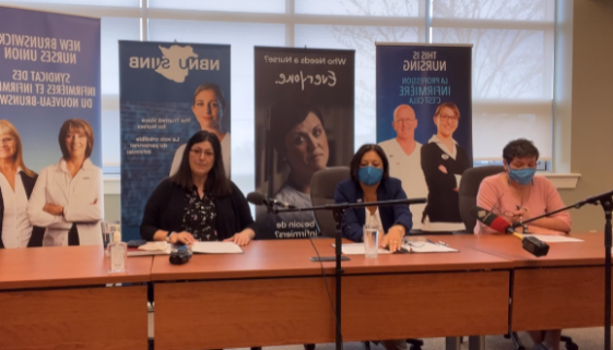 The New Brunswick Nurses Union addresses the media on May 16, 2022. (Image Facebook Live)