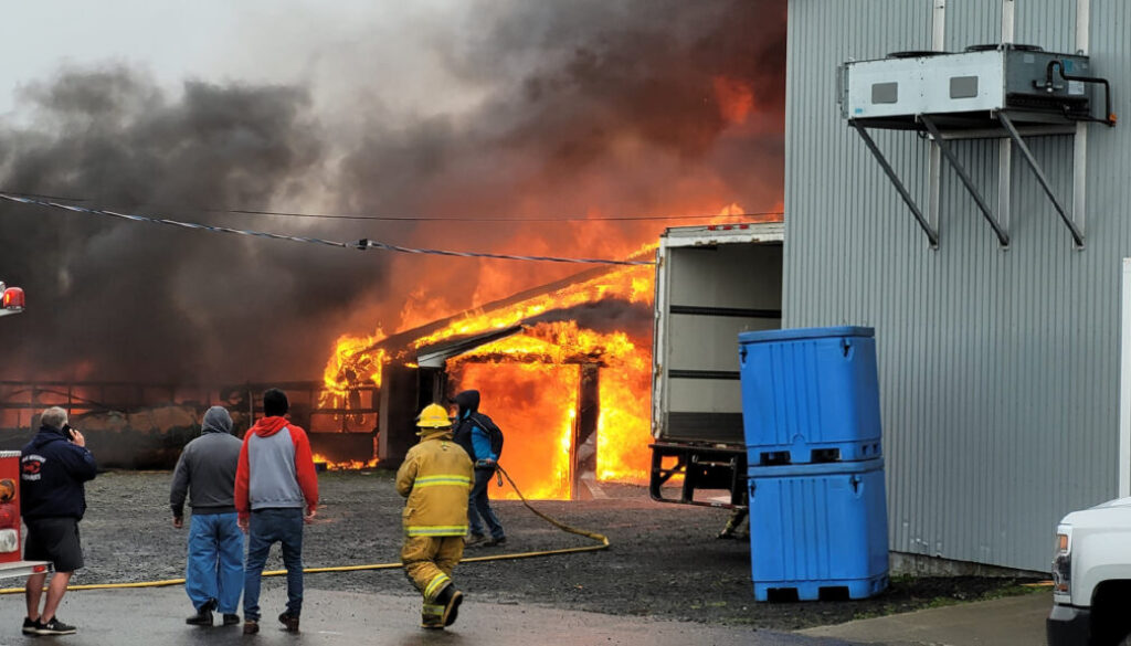 Flames engulf Special K Fisheries on Grand Manan on May 1, 2023. Image Submitted Bill Burns